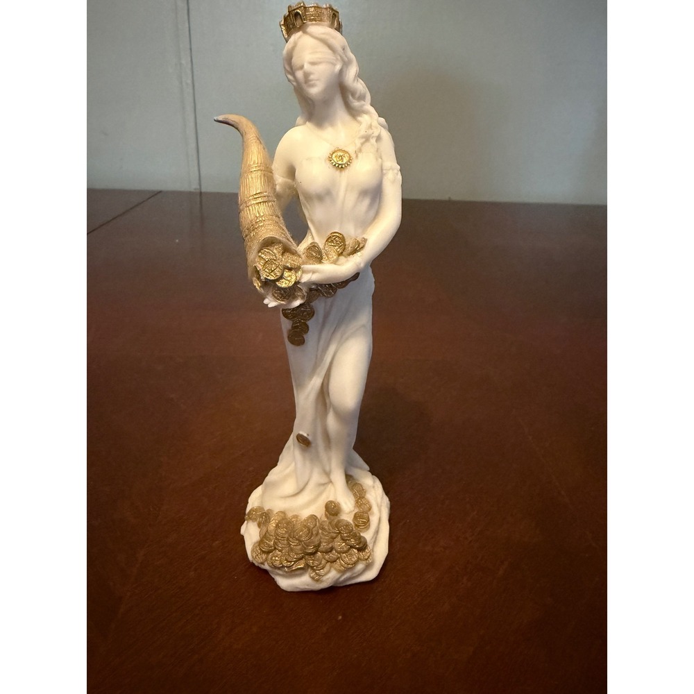 Greek Goddess Tyche Fortuna Statue Gold White Cornucopia Fortune Figurine